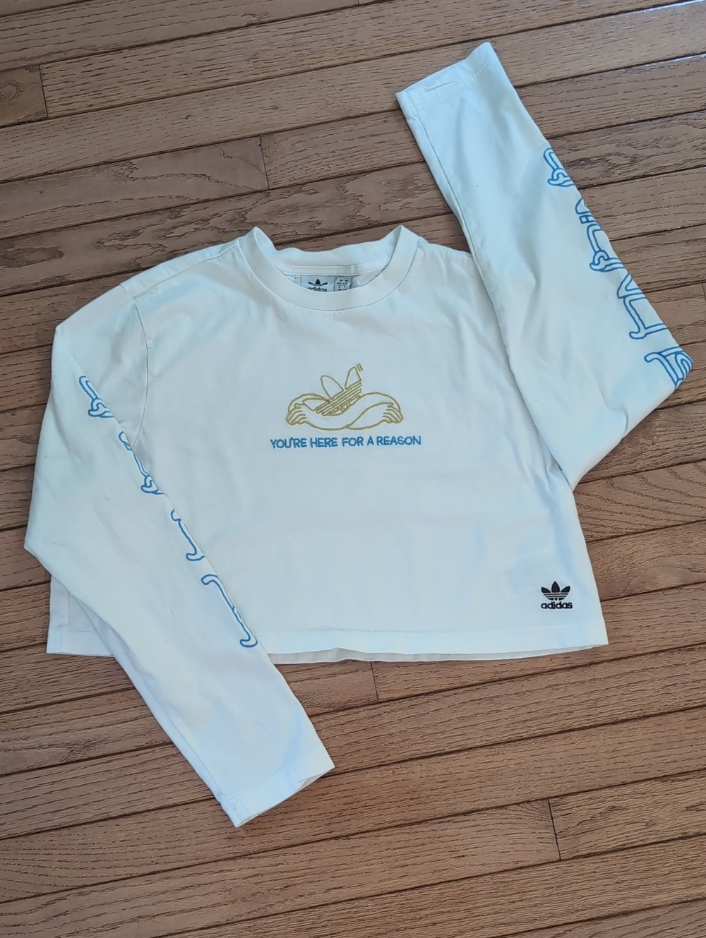 Adidas White Long-Sleeve Graphic Crop Top " You're Here For A Reason"